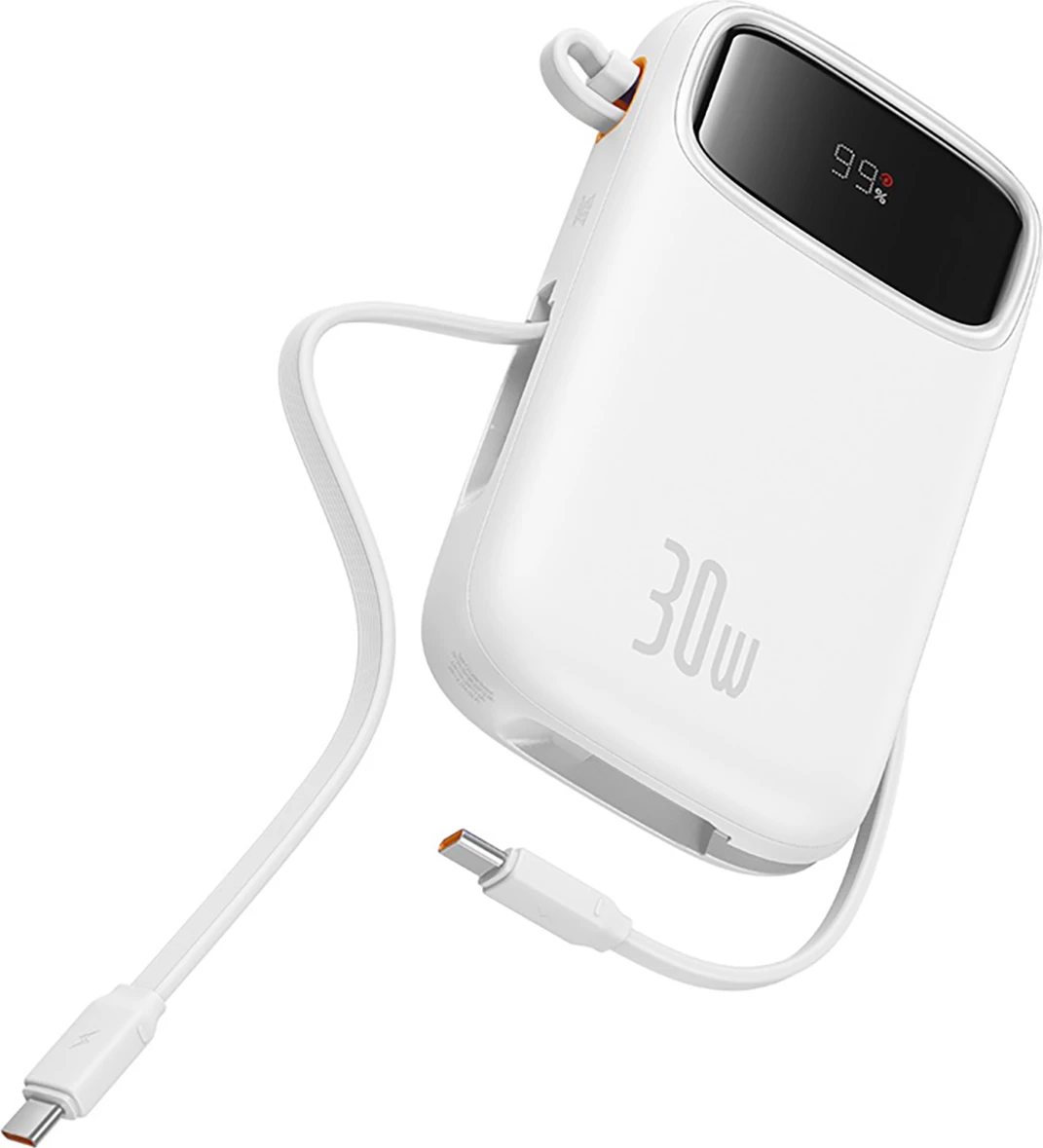 Power bank Baseus QPow 2, 20000mAh, 30W, me 2 kabllo USB-C të integruara, Bardhë