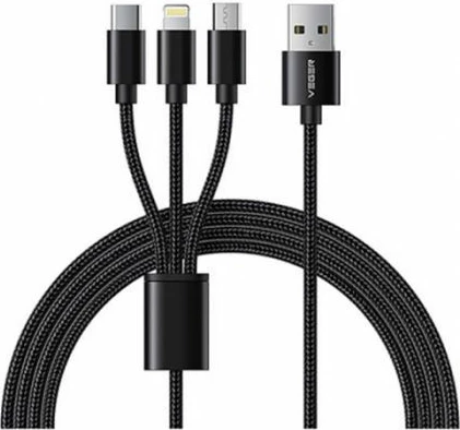Kabllo karikimi 3-në-1 VEGER V303 USB-A në USB-C/Lightning/MicroUSB 1.5m e zezë