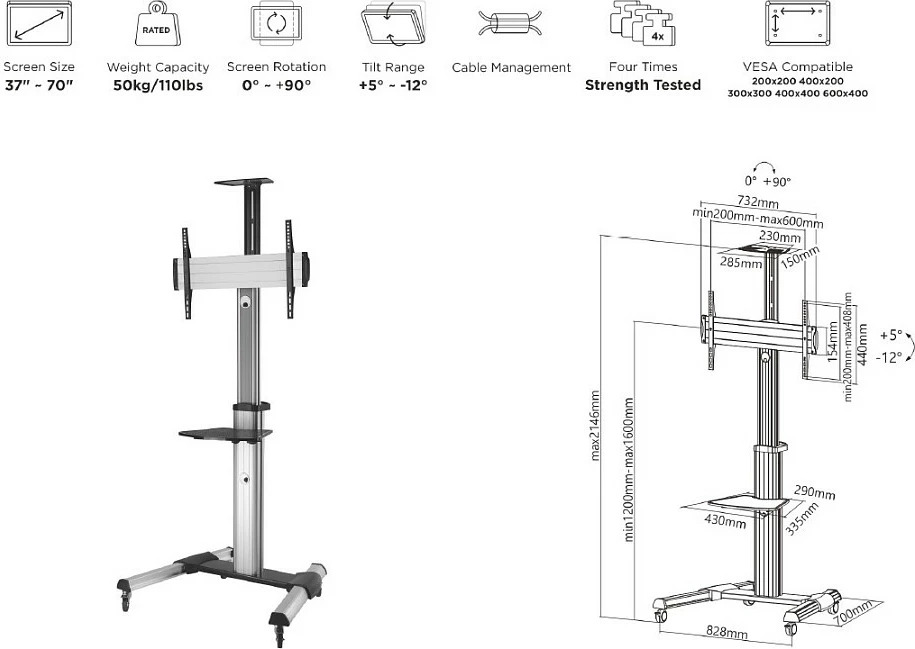 Karrocë TV EQUIP 650602, 37"-70", VESA 200x200-600x400, 50 kg, zi/bardhë