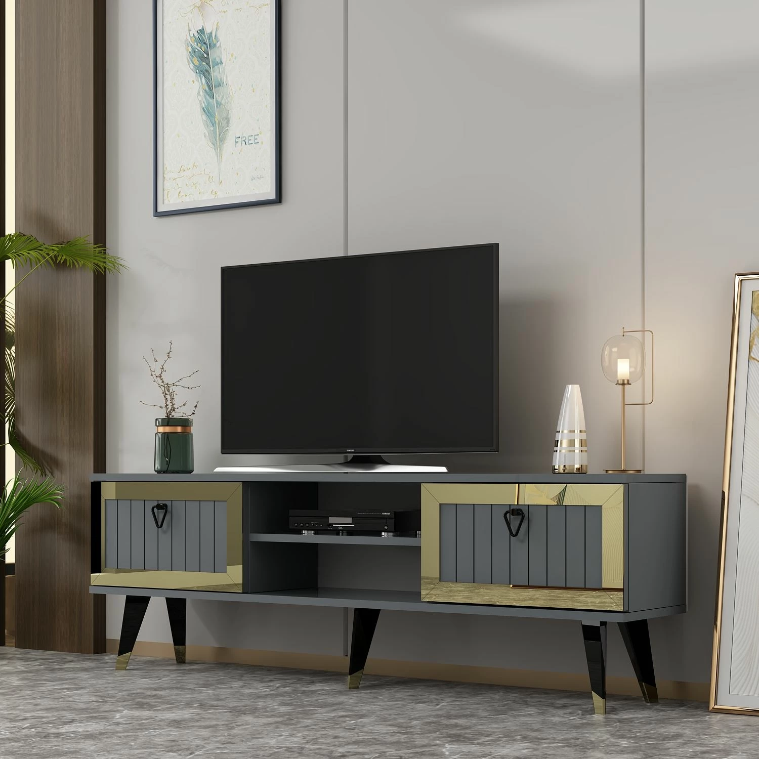 Komodë për TV, Skye Decor, ngjyrë antracit dhe ari, Lidya