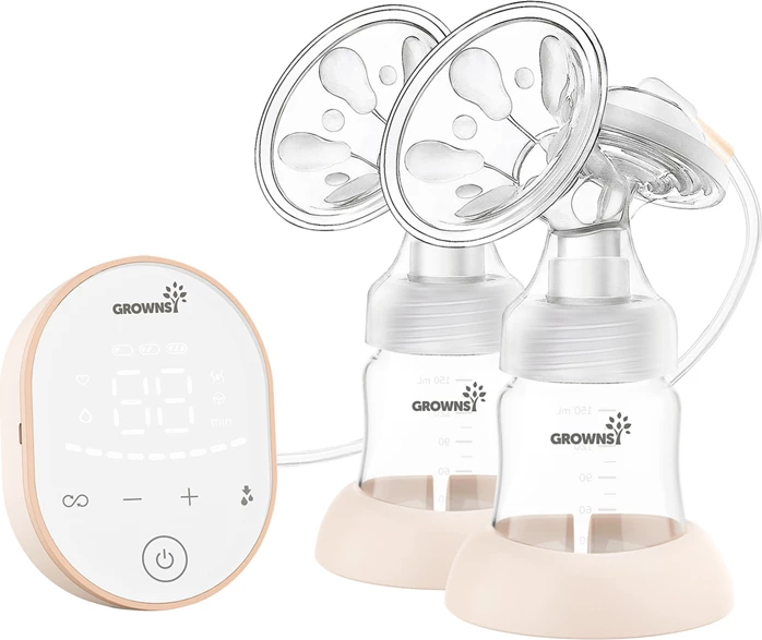 Pompa elektrike për gji Grownsy EBP02, dyfishe, USB, bateri 2500 mAh, rozë, set me 2 shishe