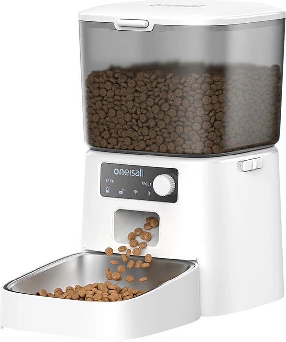 Dispenser ushqimi automatik i mençur, Oneisall, PFD001 Pro, 1.2 kg, deri 6 vakte/36 porcione, rrymë + bateri, i bardhë