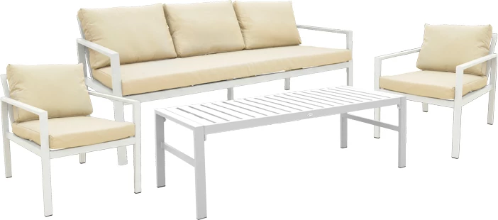 Set lounge për jashtë, 4 pjesë, kornizë alumini e bardhë, jastëkë gri-bezhë