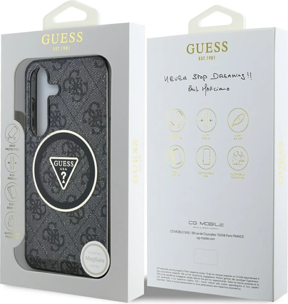Mbështjellës Guess 4G Glitter Triangle Buttons MagSafe për Samsung Galaxy S25, i zi
