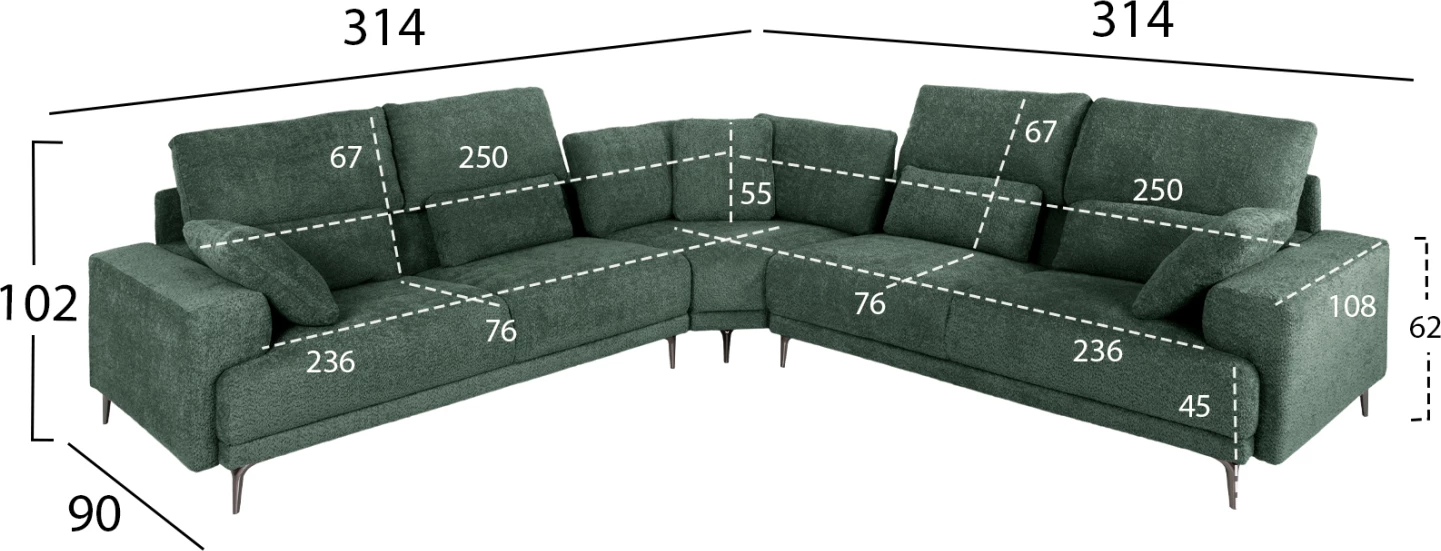 Kënd divani SYMMET FH3269.05, pëlhurë jeshile, këmbë antracit me shkëlqim, 314x236x90-102H cm