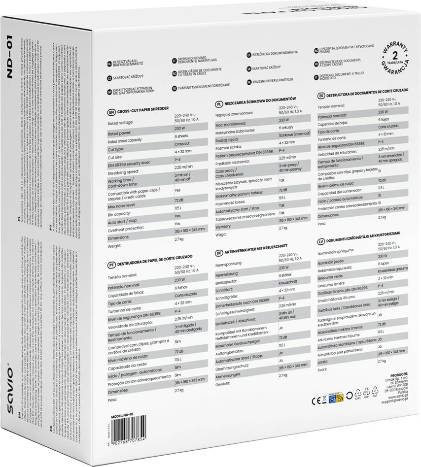 Shredder dokumentesh Savio ND-01, cross-cut P-4, 6 fletë, kosh 11.5 L, i zi