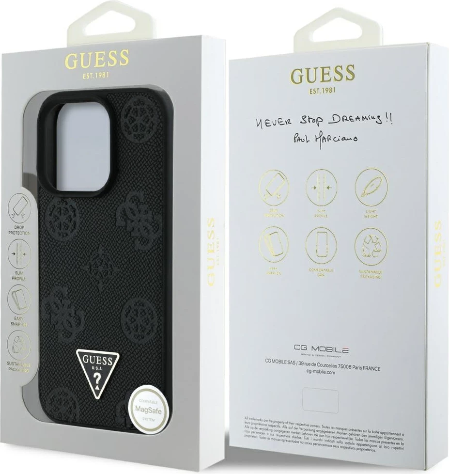 Mbështjellës Guess Grained Hot Stamp Peony Triangle Logo MagSafe për iPhone 16 Pro Max, i zi