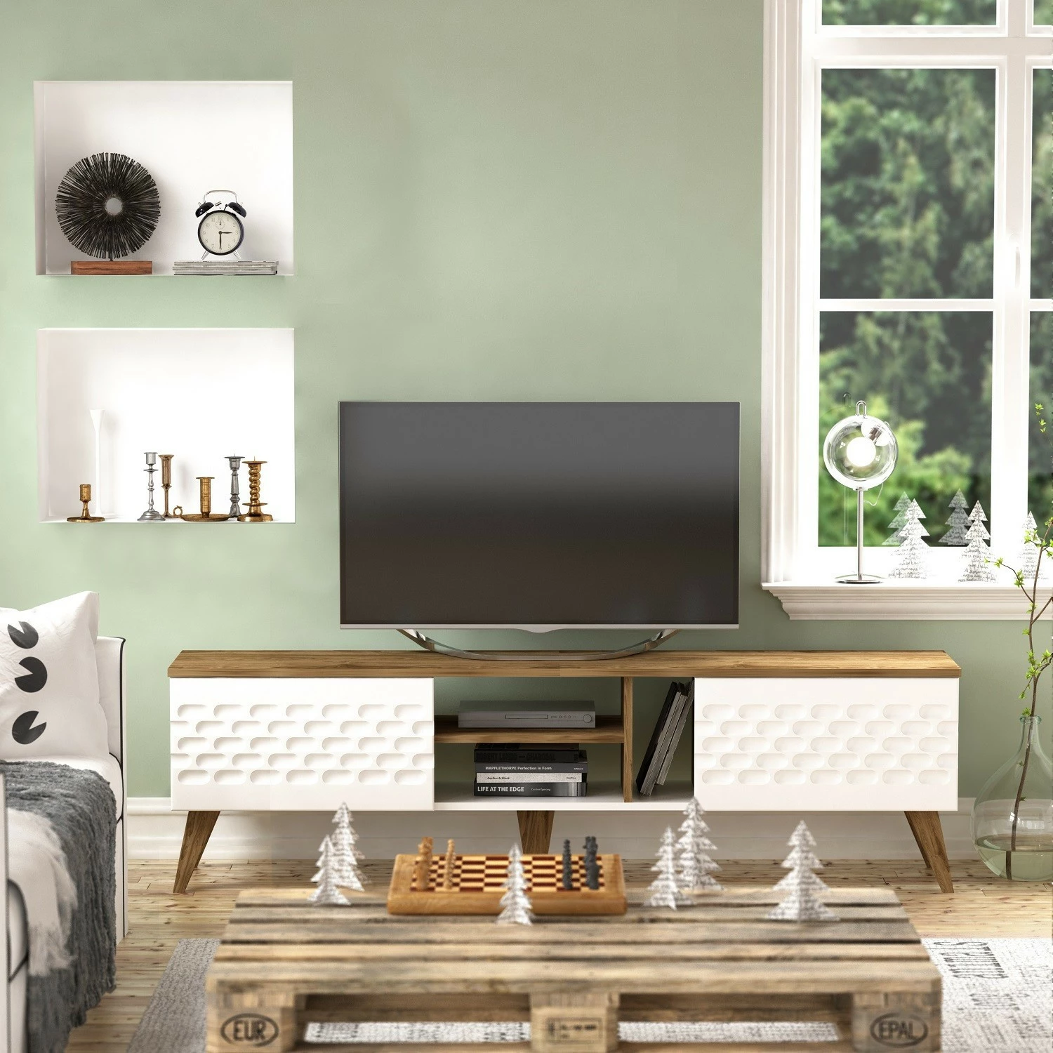Komodë TV Hanah Home, ngjyrë vezë, e bardhë dhe arre