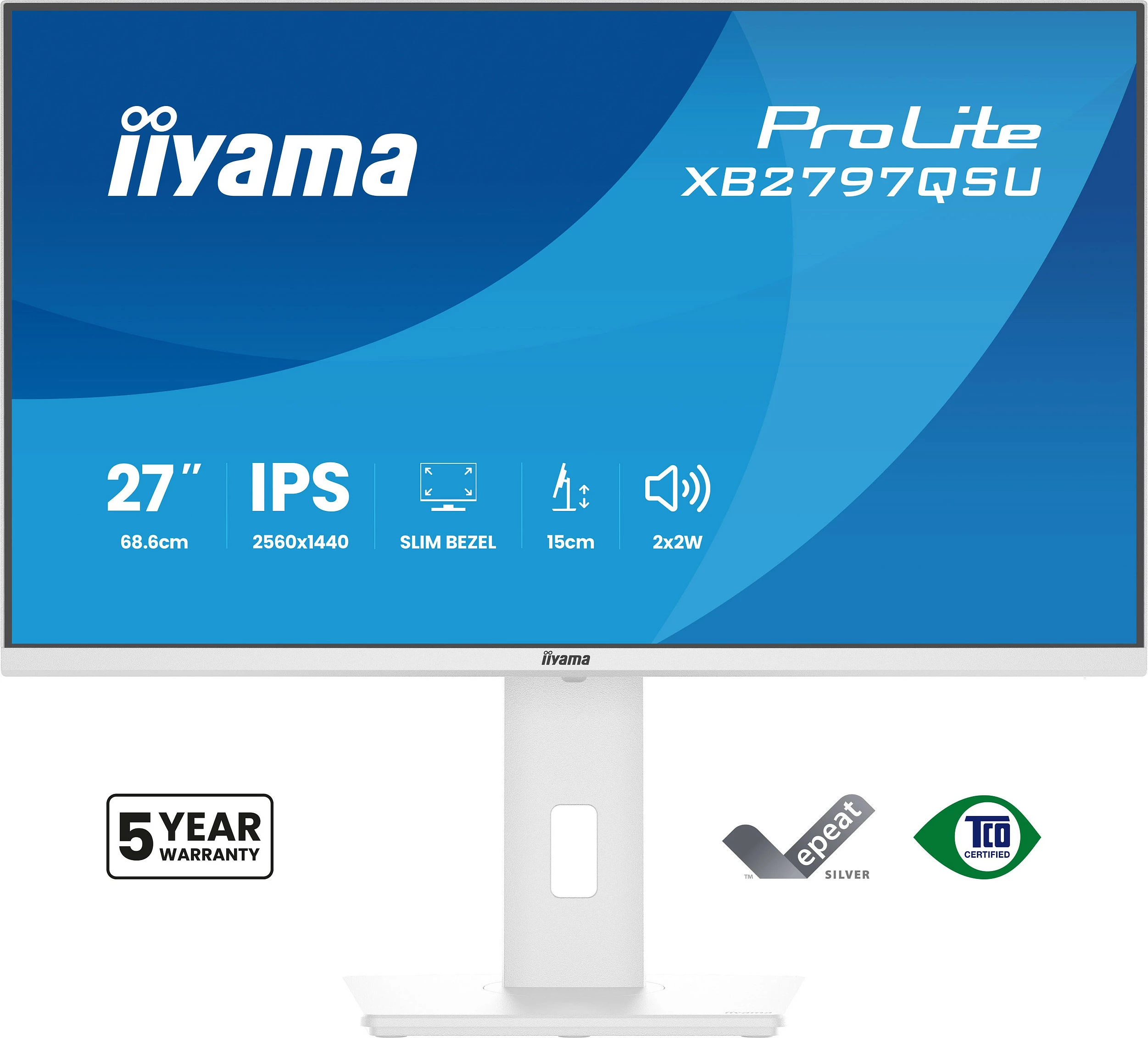 Monitor iiyama ProLite XB2797QSU-W1, 27", IPS, QHD 2560x1440, Slim Bezel, i bardhë