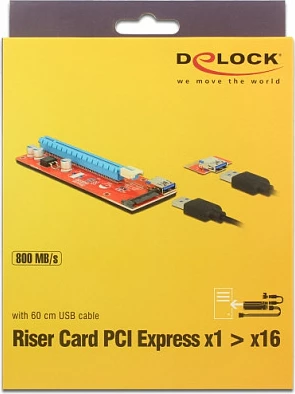 Kartë riser PCIe DeLOCK 41423, x1 në x16, USB 3.2 Gen 1, SATA, e kuqe