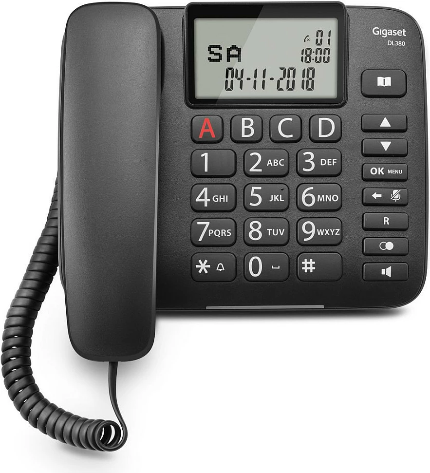 Telefon fiks analog Gigaset DL380, butona të mëdhenj, speakerphone, ekran LCD, i zi