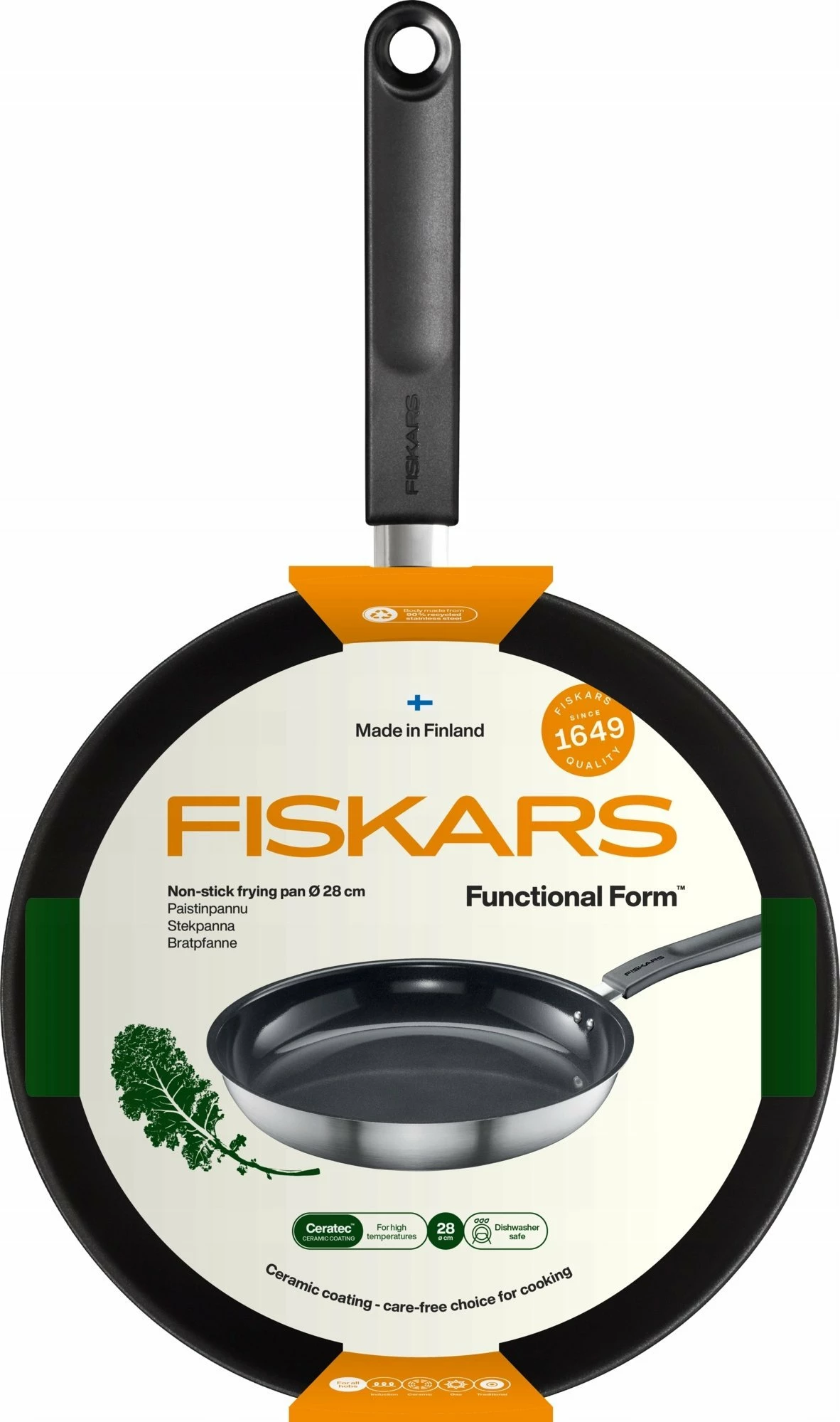 Tigan Fiskars Functional Form 28 cm me shtresë qeramike Ceratec, argjendtë
