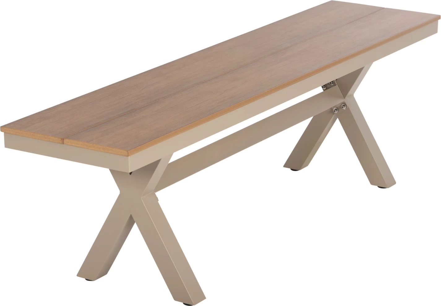 Stol alumini, ngjyrë shampanjë, sipërfaqe tavoline polivudi, ngjyrë druri natyral, 150x36x45H cm