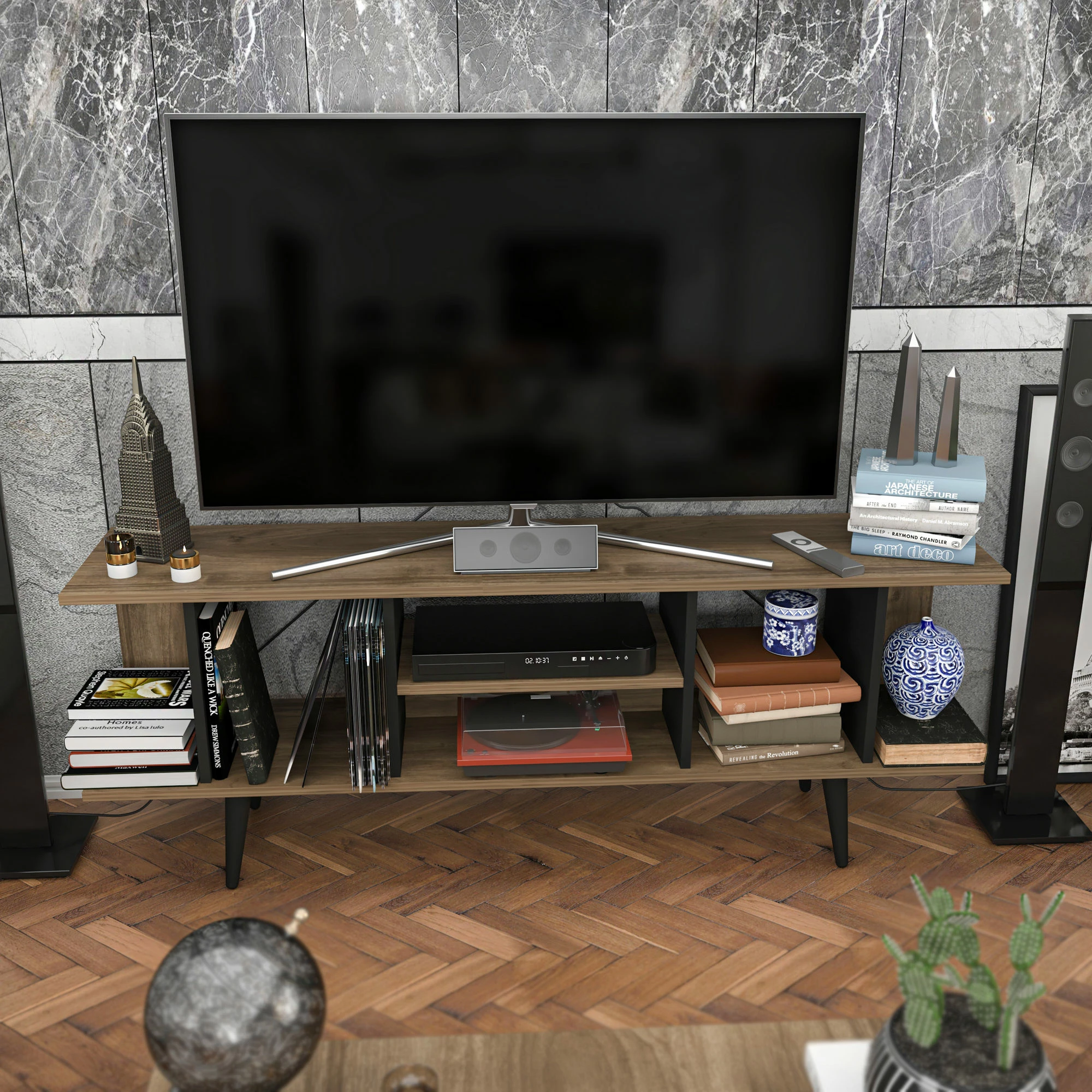 Komodinë TV Skye Decor, ngjyrë arre, e zezë