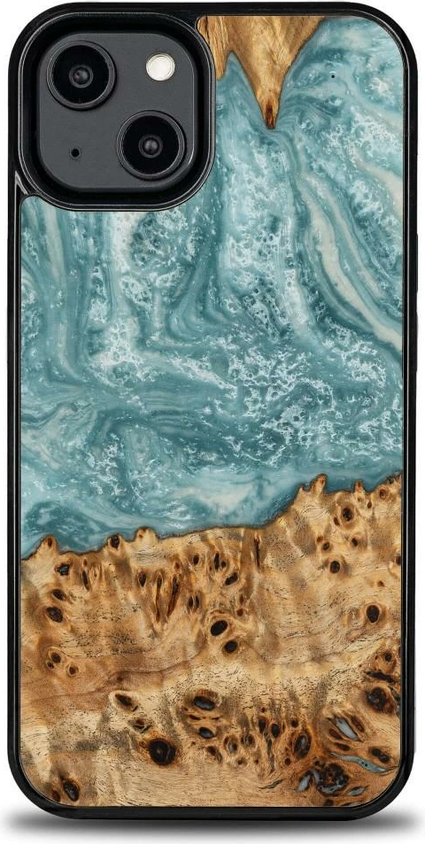 Mbështjellës Bewood Unique Uranus për iPhone 15 Plus, dru dhe rrëshirë, blu dhe bardhë
