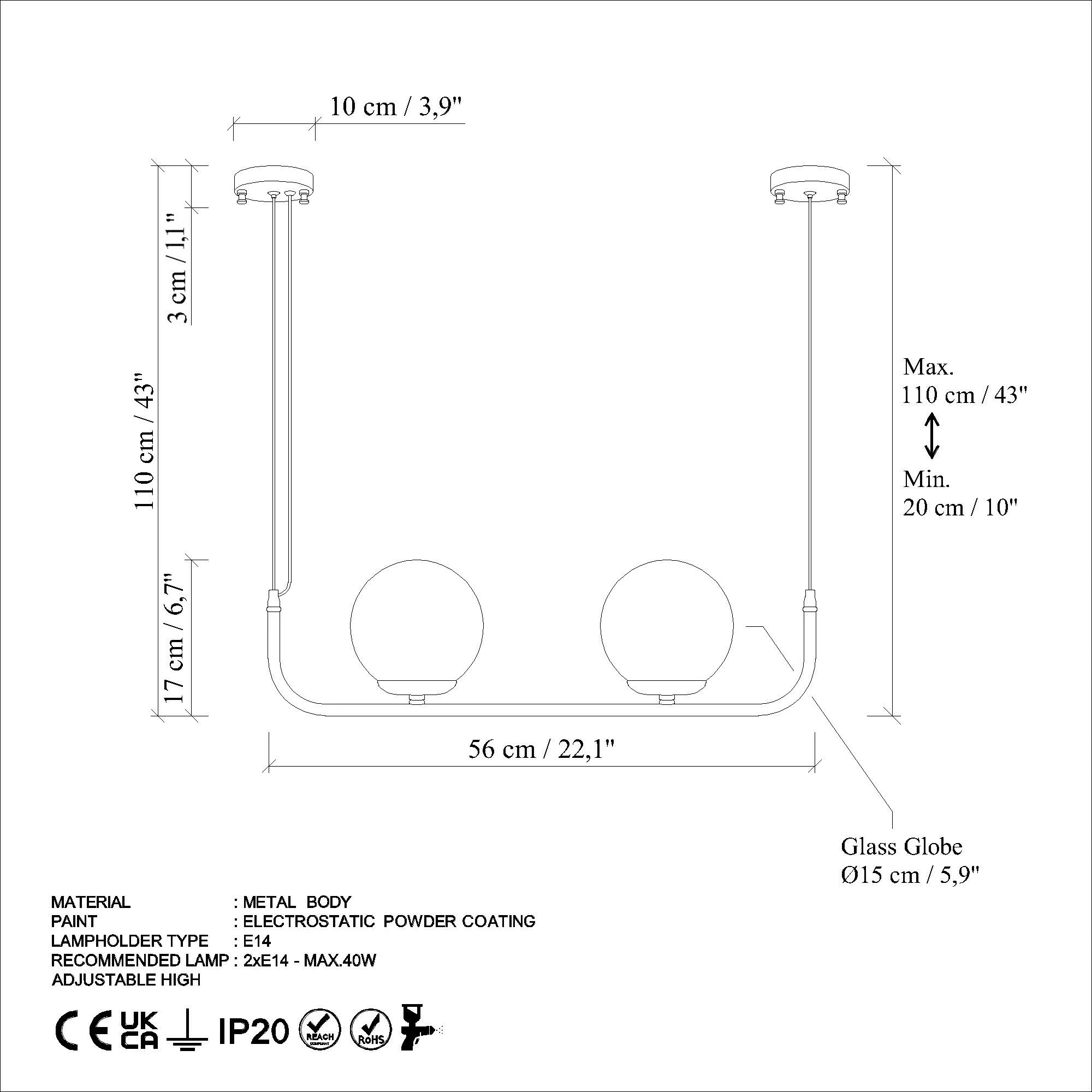 Llambë tavani Opviq Faruk, metal i zi, 2 copa, 56x15x20-110cm