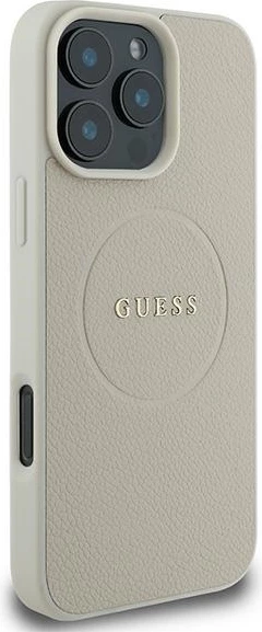 Mbështjellës Guess Grained Ring MagSafe për iPhone 16 Pro, bezhë