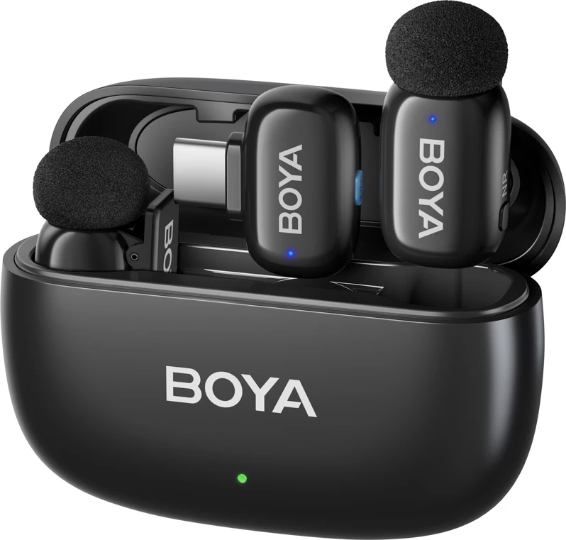 Set mikrofonësh wireless BOYA Mini 2-02 2.4GHz, USB-C, 2 transmetues + marrës, me kasë karikimi, i zi