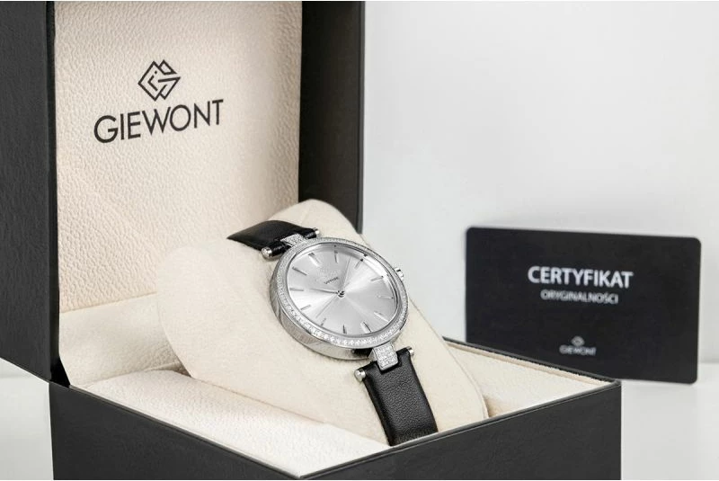 Orë dore femrash Giewont GW9890-A1, argjend, rrip lëkure e zezë
