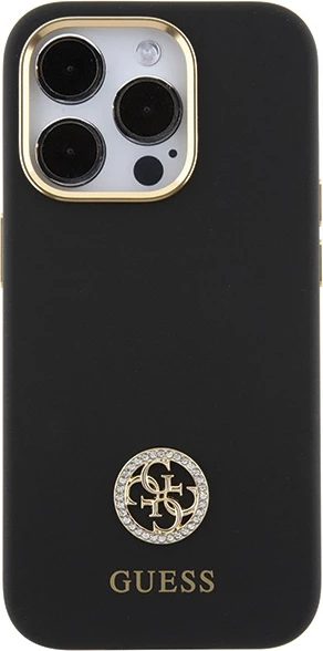 Mbështjellës Guess Silicone Logo Strass 4G për iPhone 15 Pro, i zi