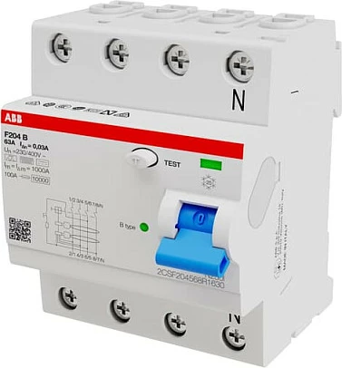 Ndërprerës diferencial ABB F204B-63/0,03, 4P, 63A, 30mA, gri