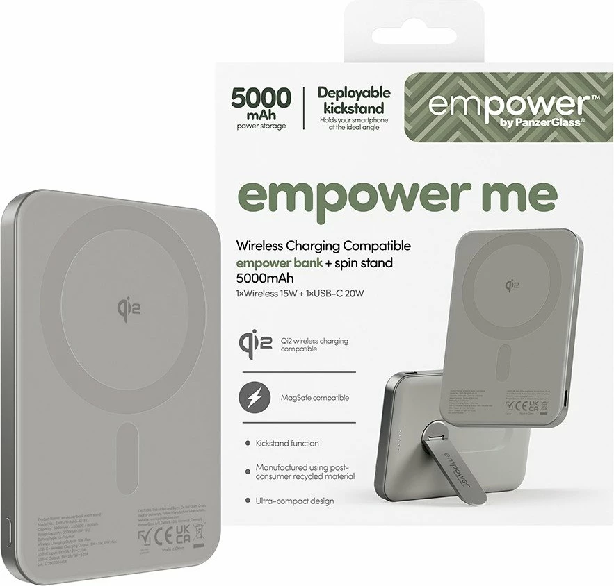 Powerbank PanzerGlass Bank Spin Stand 5000mAh Qi2 USB-C gri