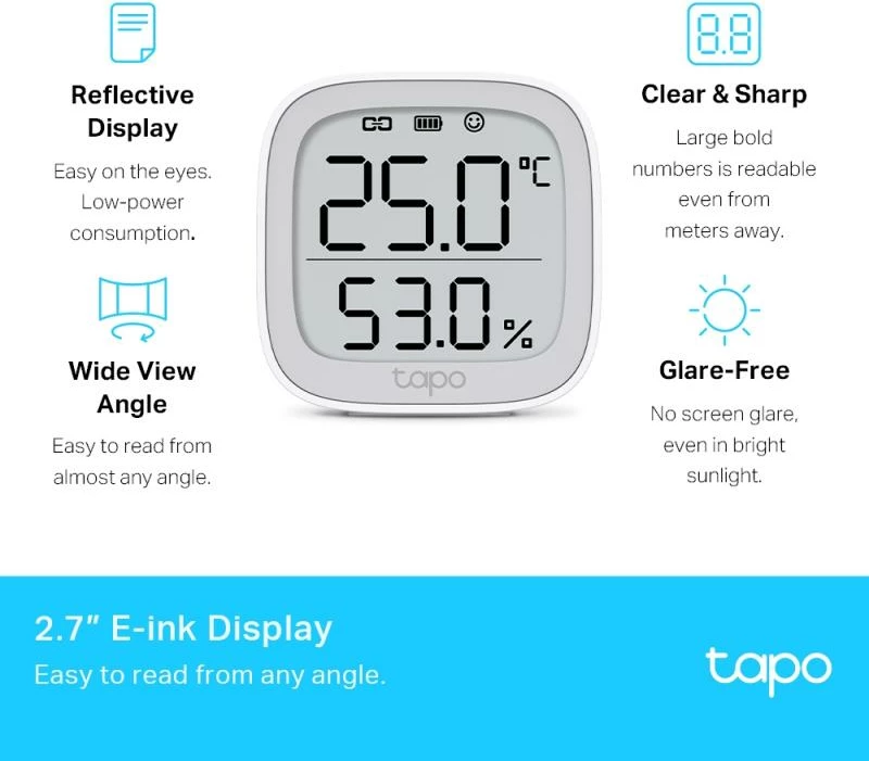 Monitor i mençur temperaturë dhe lagështie, TP-Link Tapo T315, ekran 2.7" E-Ink, saktësi ±0.3°C/±3%RH, 2x AAA, e bardhë