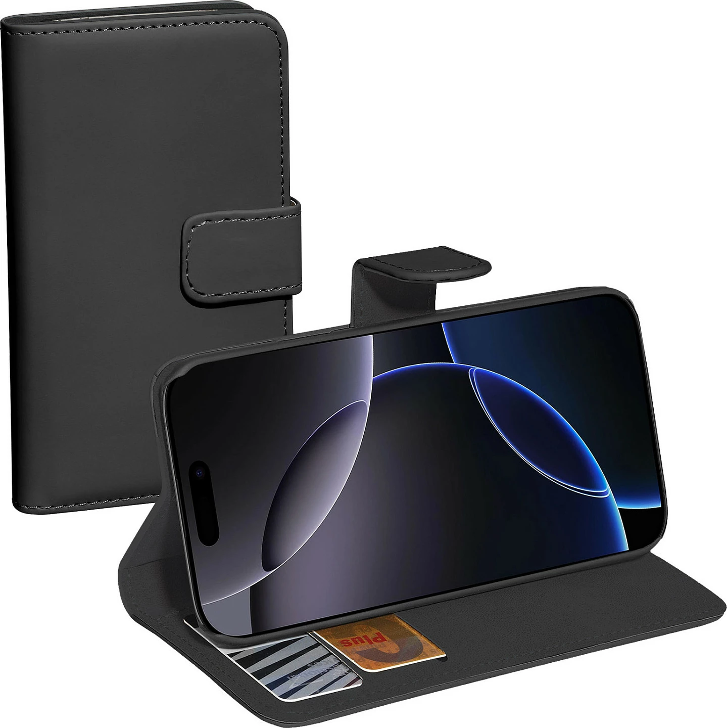 Mbështjellës PEDEA 50160993 Wallet për iPhone 16 Pro, me xhepa kartelash, stand, mbyllje magnetike, i zi