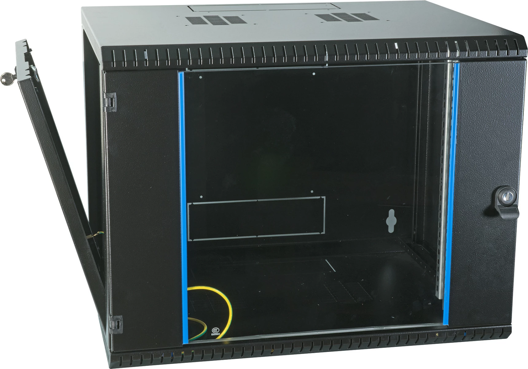 Kabinet rrjeti 19" EFB Elektronik 9U, muror, thellësi 600 mm, derë xhami/çelik, i zi
