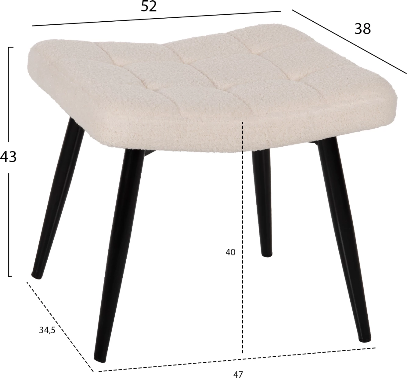Fotel CRAWLEY me tabure, stof boucle i bardhë, këmbë metalike të zeza, FH8918.25, 70x74x105cm
