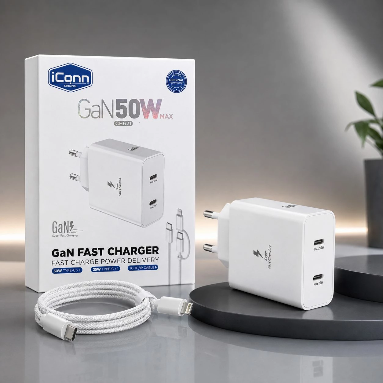 Karikues iConn CH621 GaN 50W me USB-C dhe USB-A