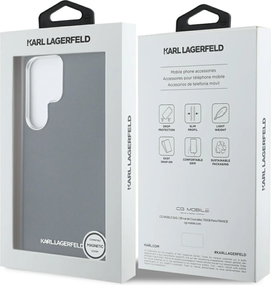 Mbështjellës Karl Lagerfeld Saffiano Full Wrapped Elongated Metal Logo MagSafe për Samsung Galaxy S25 Ultra, Zi