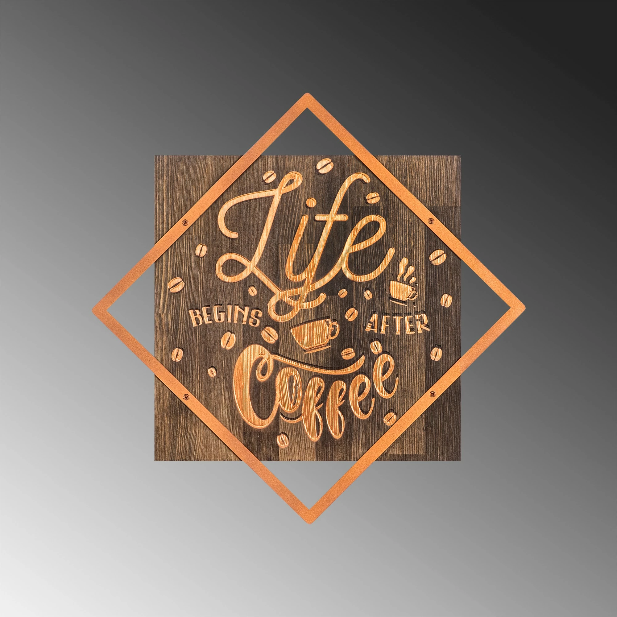 Aksesor dekorativ për mur, dru dhe bakër, Life Begins After Coffee, Wallity, ngjyrë arre-bakër, 54x54cm