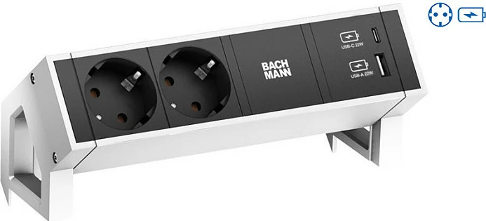 Zgjatës rryme tavoline Bachmann DESK2, 2x Schuko Type F, USB-A + USB-C 22W, kabllo 0.2m GST18, bardhë/zezë