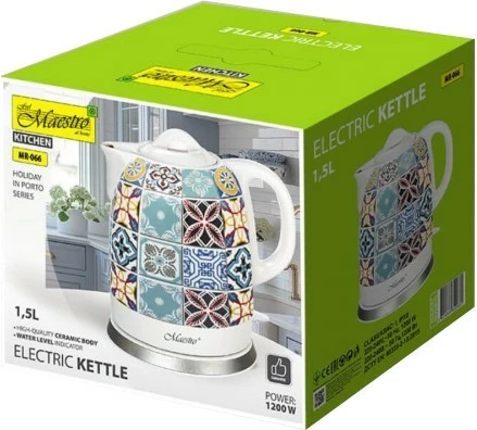 Çajnik elektrik keramik, Feel-Maestro MR-066-PORTO, 1.5L 1200W, bazë 360°, multingjyrësh e bardhë