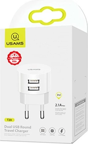 Karikues rrjeti USAMS T20 me 2xUSB, 2.1A, me kabllo USB-C, Bardhë