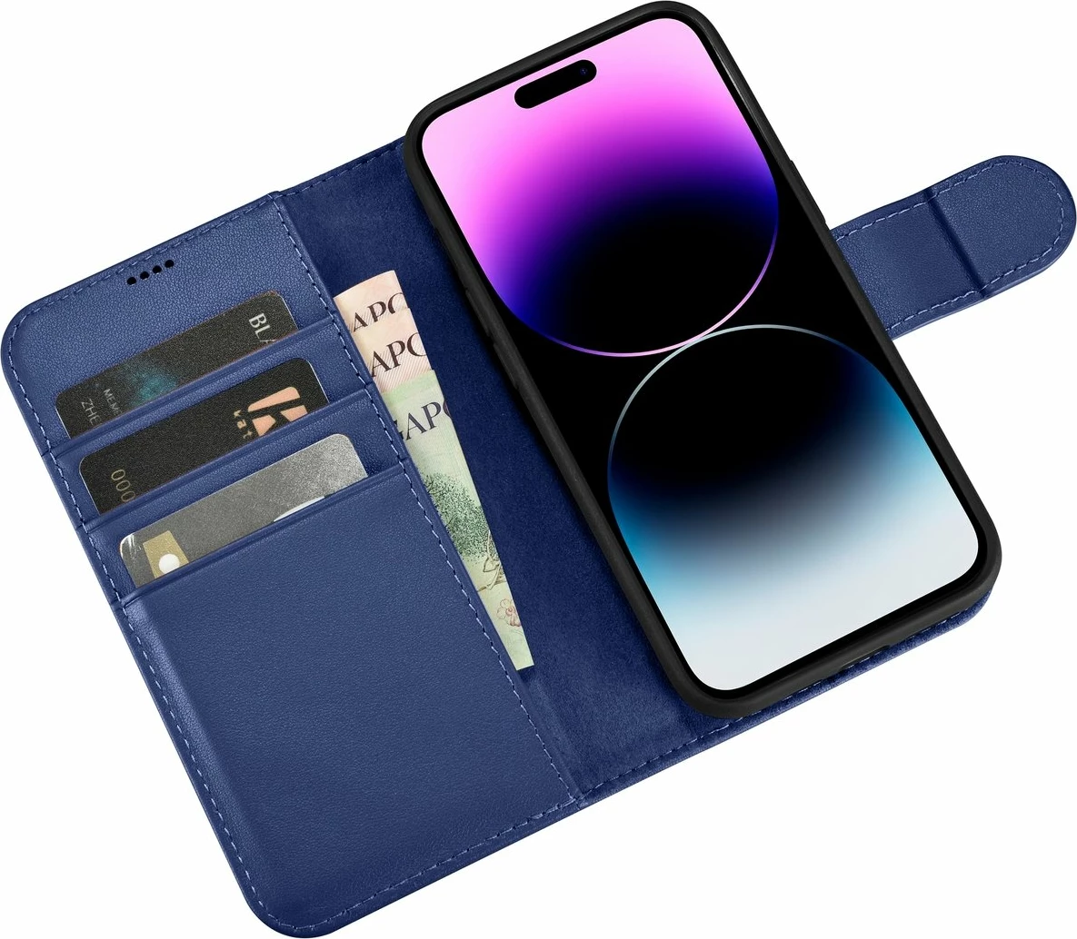 Mbështjellës iCarer Wallet Case 2in1 për iPhone 14 Pro, lëkurë natyrale, Anti-RFID, Blu