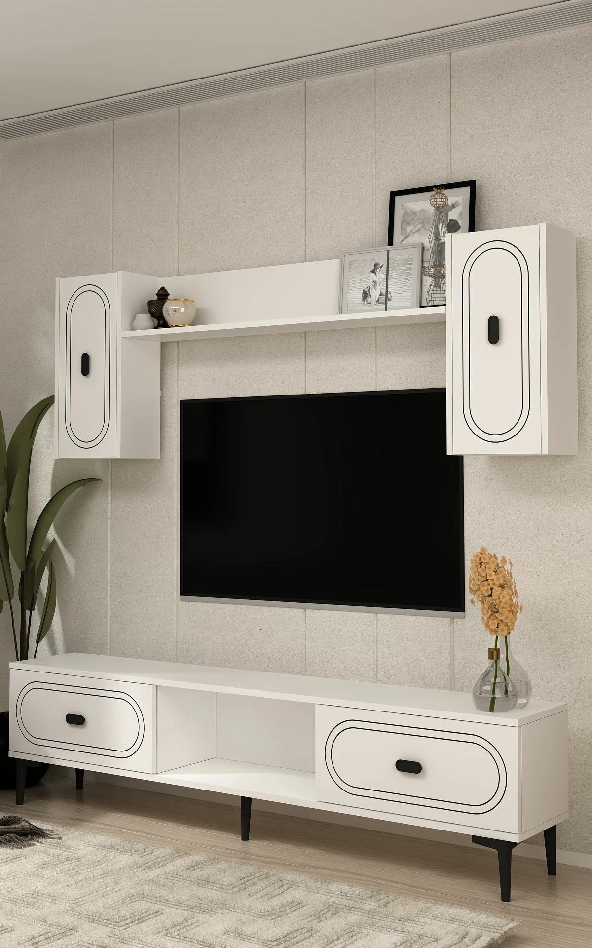 Komodë TV Skye Decor, e bardhë, me rafte dhe dollapë