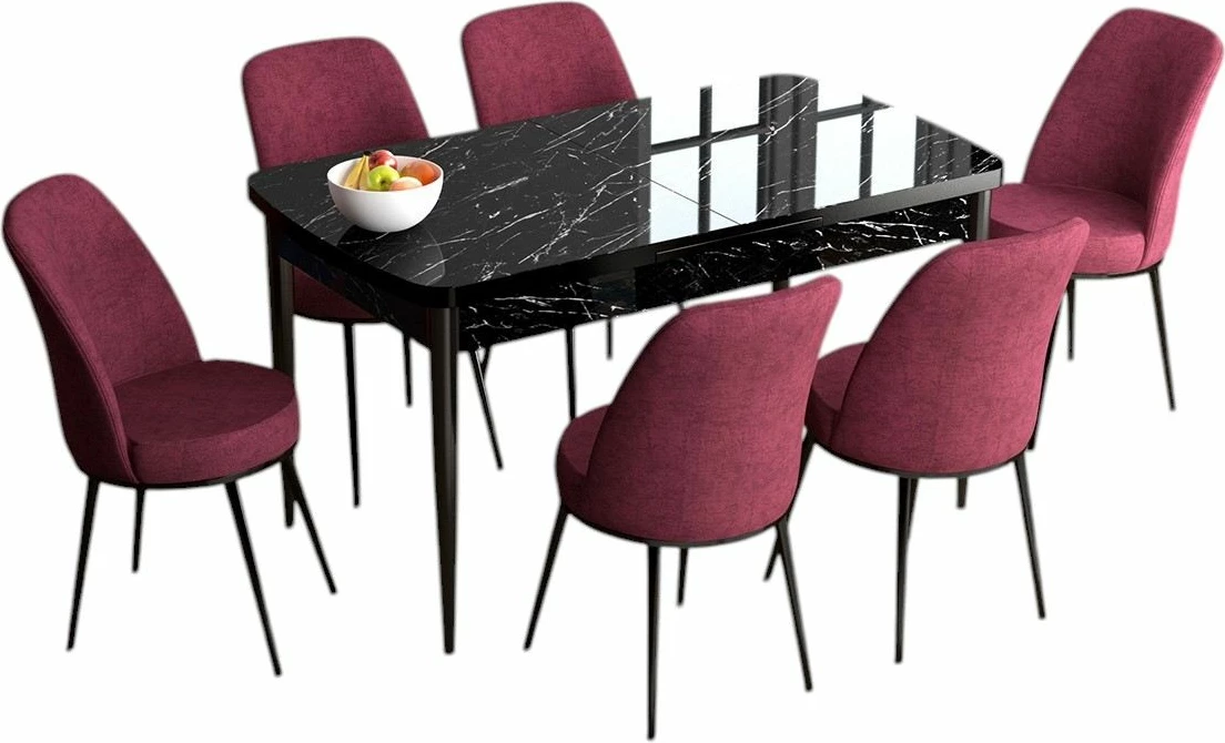 Tavolinë me karrige, e zgjatshme, 7 copë, Skye Decor, mermer i zi, burgundy