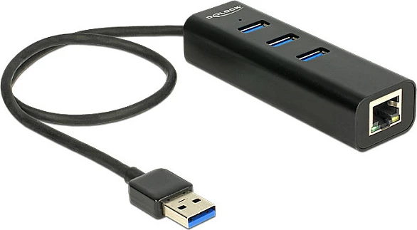 USB hub DeLOCK, 3x USB-A 3.0 + Gigabit LAN, me kabllo 0.35 m, i zi