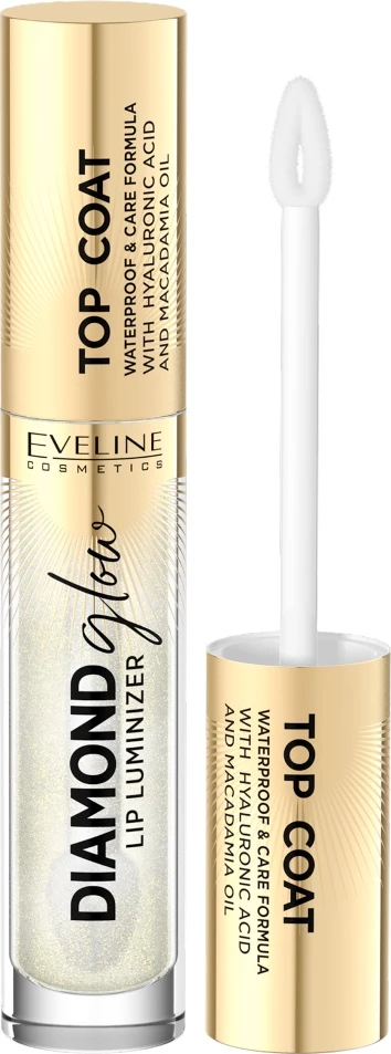 Lip gloss Eveline Cosmetics Diamond Glow Lip Luminizer Top Coat No. 12 për femra, 4.5ml me Golden Dust