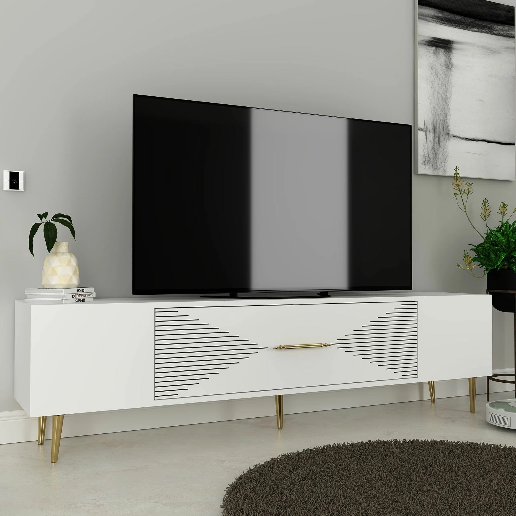 Komodë TV Skye Decor, Dekol1, e bardhë, e artë