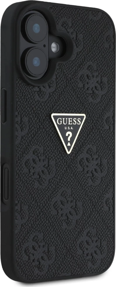 Mbështjellës Guess Hot Stamp 4G Pattern Triangle Metal Logo për iPhone 16, i zi