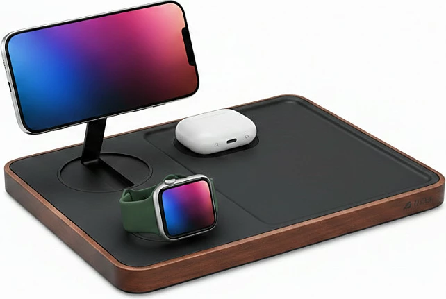 Karikues wireless 3-në-1 Nimble Valet, stacion për celular/smartwatch/kufje, zi-kafe