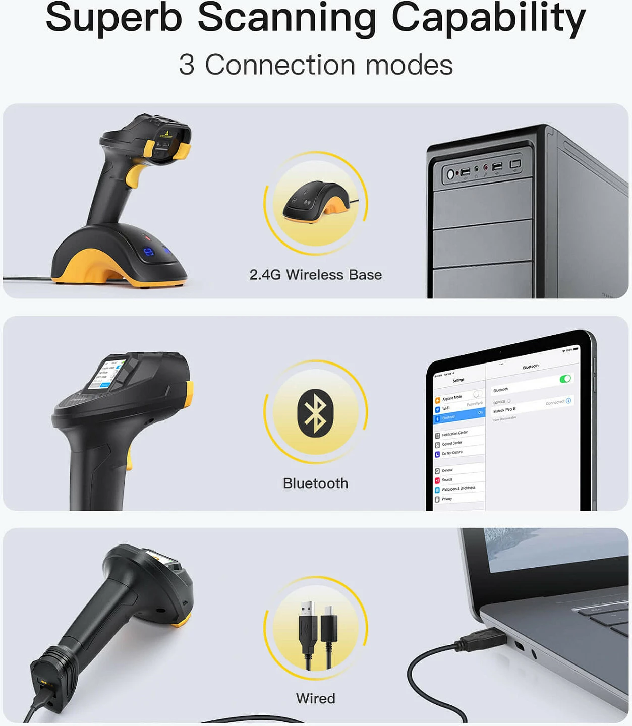 Skaner barkodi Inateck PRO 8, wireless Bluetooth/2.4G, 1D/2D/QR, ekran me prekje 1.4", bazë karikimi, 2600 mAh, zi/verdhë