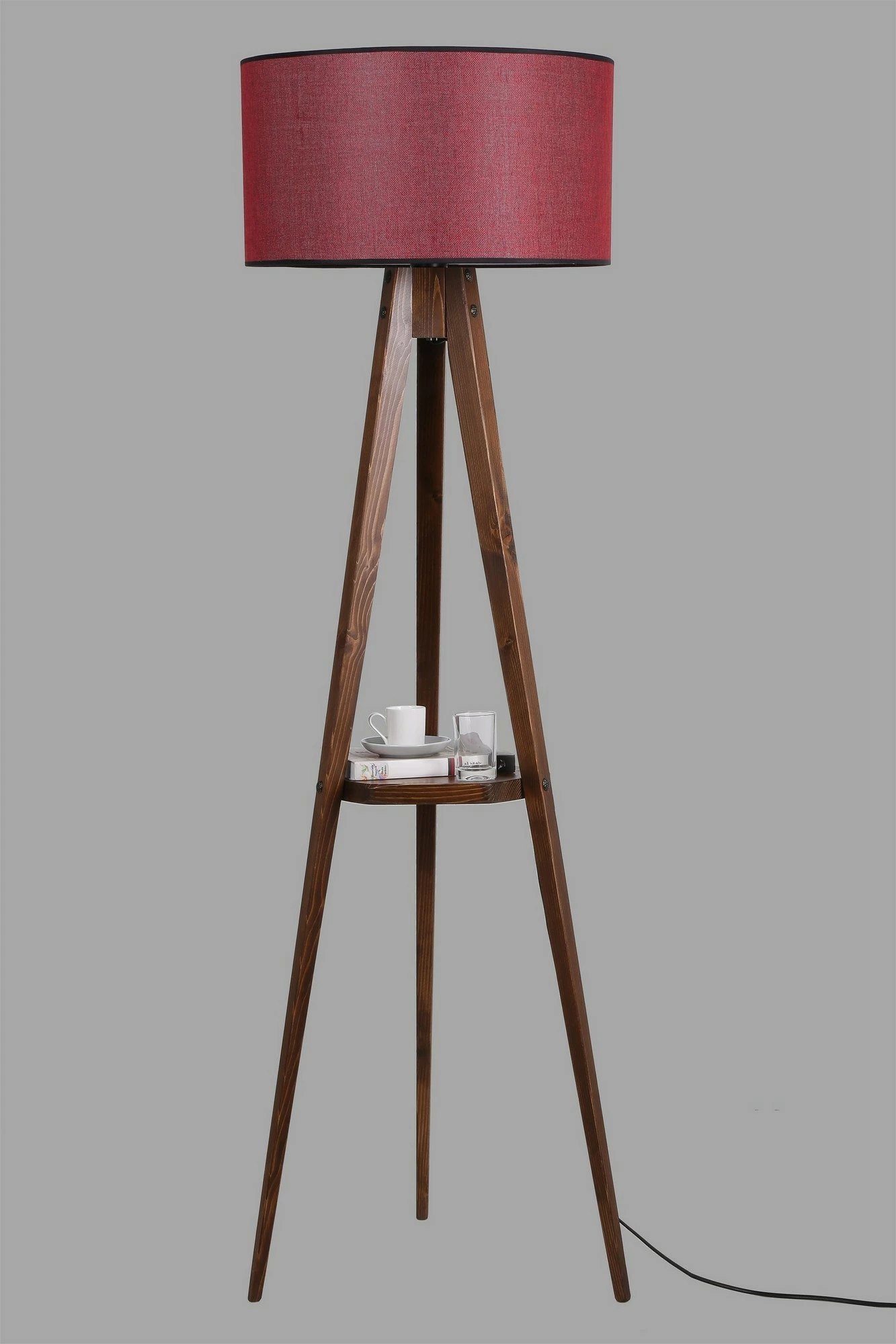 Llambë dyshemeje Opviq, tripod, trup druri, rafte, abazhuri bordo, 153cm