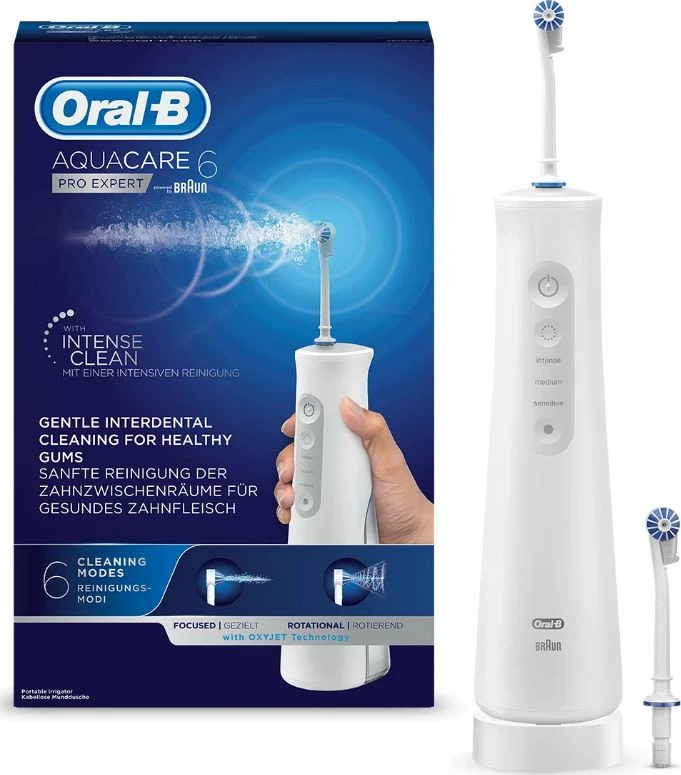 Irigator dentar Oral-B AquaCare 6 Pro-Expert, 6 moda, rezervuar 140 ml, me bateri, 2 gryka, i bardhë