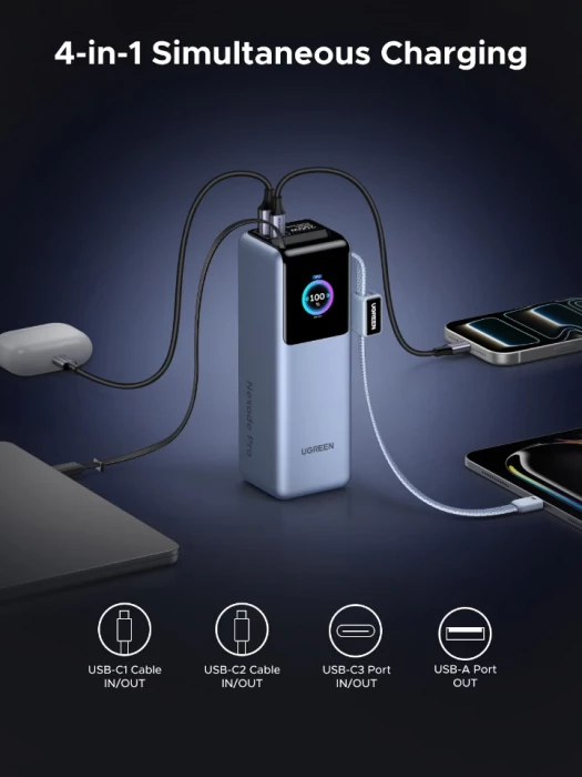 Power bank UGREEN 75702B 25,000mAh 200W me ekran digjital, gri