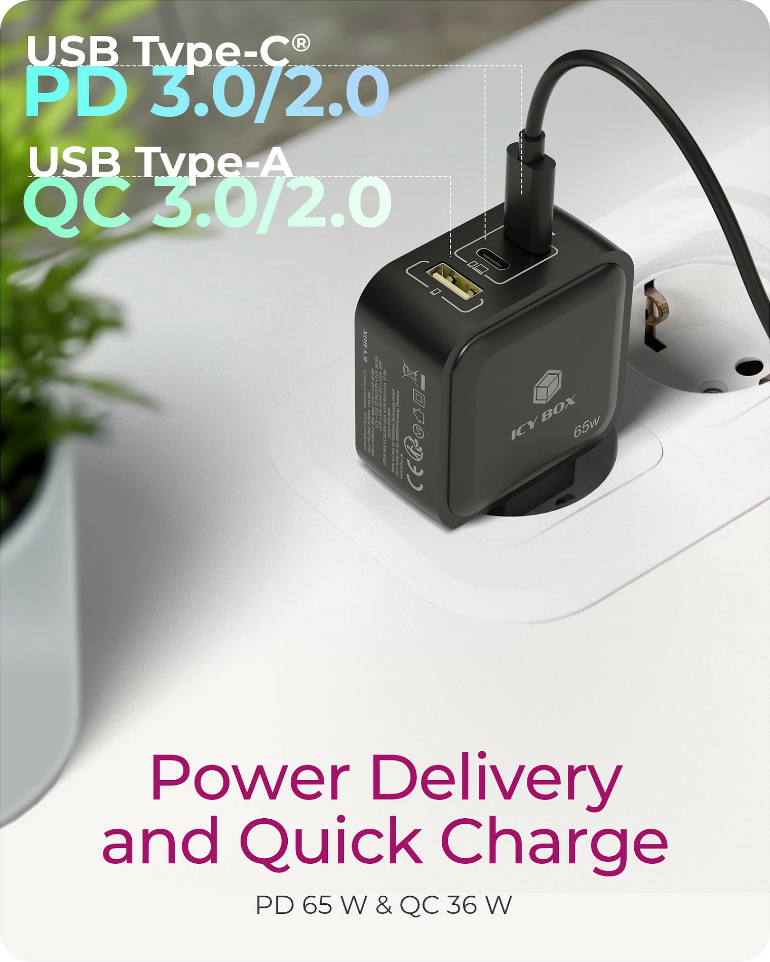 Karikues muri ICY BOX IB-PS1030-PD, 65W GaN, 3 porta (2x USB-C + USB-A), i zi
