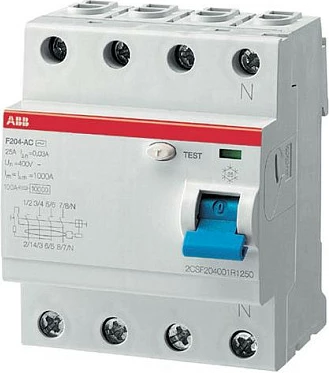 Ndërprerës diferencial ABB F204A-63/0,03, 4P, 63A, 30mA, Type A, Gri/Kaltër
